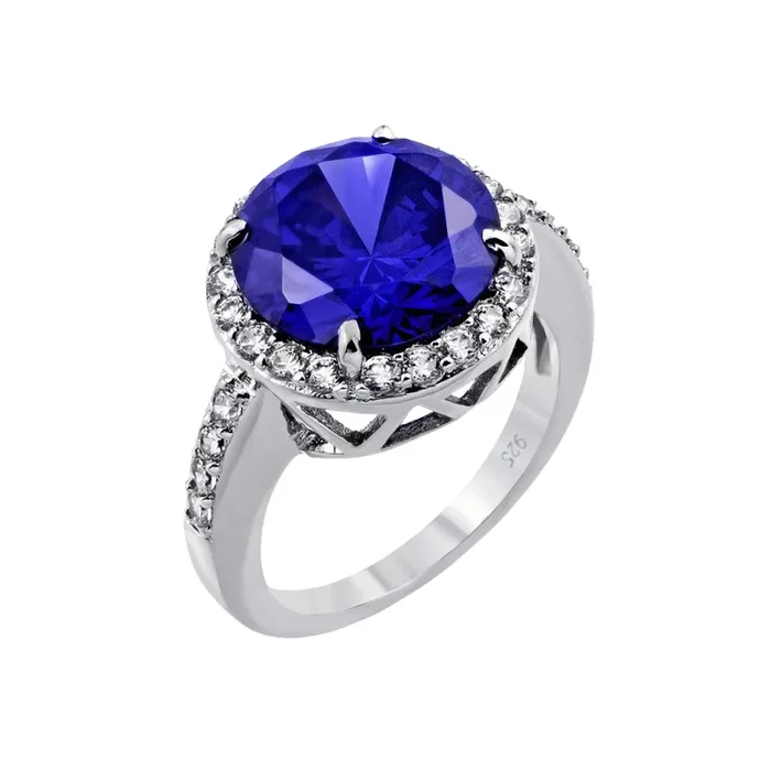 Anillo nupcial de plata 925 chapado en rodio azul redondo y con incrustaciones transparentes CZ – BGR00780