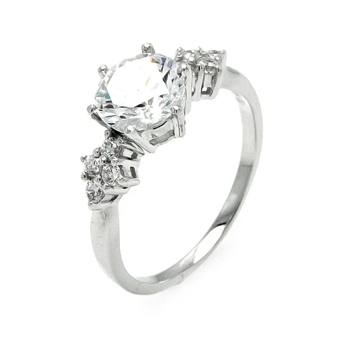 Anillo nupcial de plata 925 chapado en rodio con centro redondo y lados en forma de diamante CZ – BGR00571