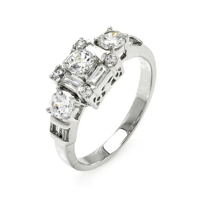 Anillo nupcial de plata 925 chapado en rodio, redondo transparente y baguette CZ – BGR00476