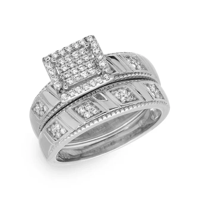 Anillo nupcial de trío con centro de pavé cuadrado chapado en rodio de plata 925 – GMR00158