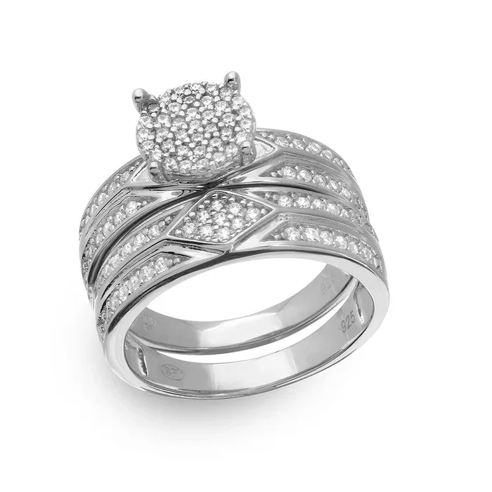 Anillo nupcial de trío con centro de pavé redondo chapado en rodio de plata 925 – GMR00162