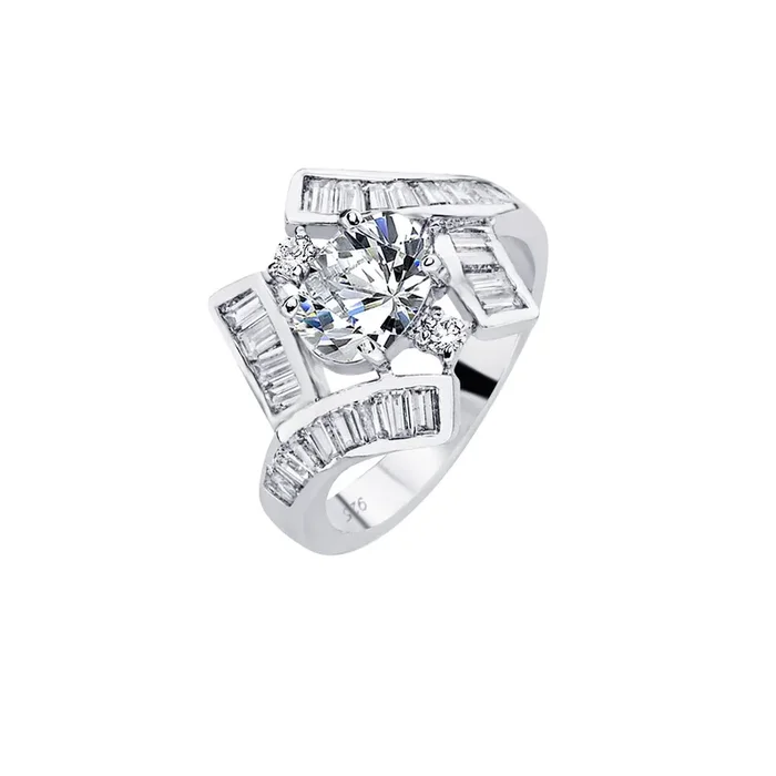 Anillo nupcial superpuesto de circonita cúbica central redonda de baguette transparente chapado en rodio de plata 925 – BGR00566