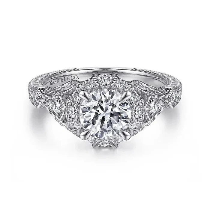 Annadale – Unique 14K White Gold Vintage Inspired Diamond Halo Engagement Ring (Setting Only)