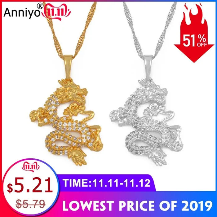Anniyo CZ Dragon Pendant Necklaces for Women Men Gold Color Jewellery Cubic Zirconia Mascot Ornaments Lucky Symbol Gifts #064004