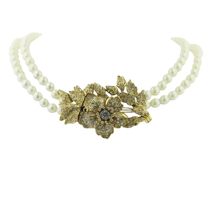 Antiquities Couture 8mm Faux Pearl Strand With Crystal Double Strand Flower Pendant Necklace 44″