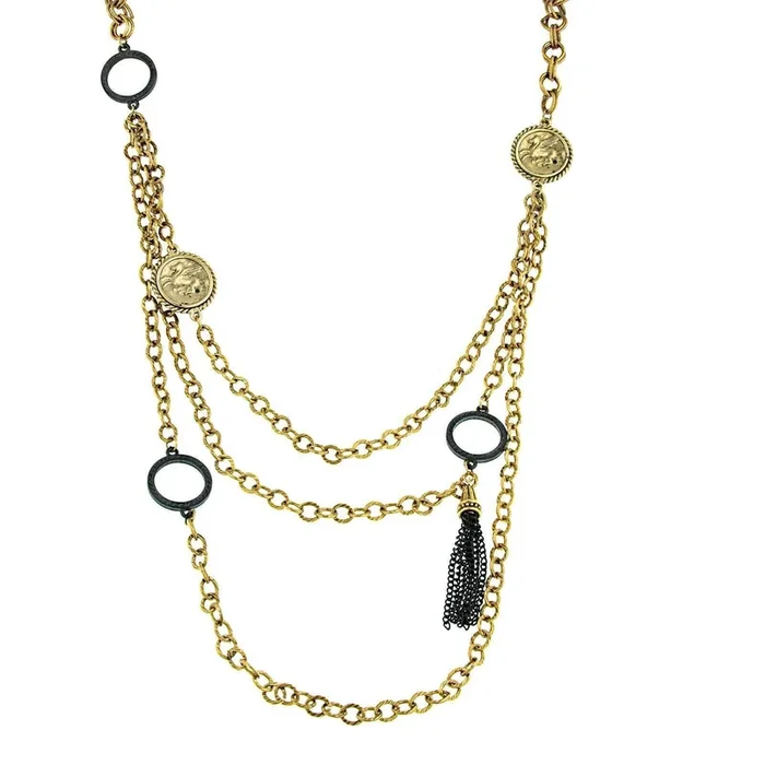 Antiquities Couture Round Black Rings & Gold Pegasus Linking Layered Chain Necklace 30″