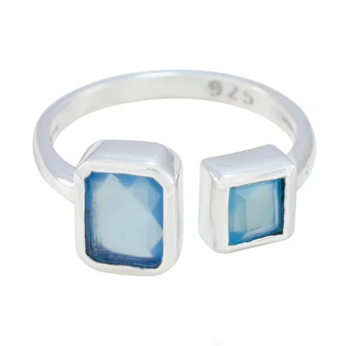 Aqua Chalcedony Toi et Moi Indian 92.5 Silver Green Gems Featherlight Sophisticated Ring Jewelry