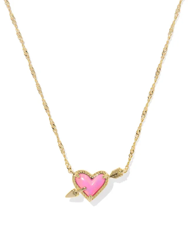 Ari Heart Arrow Short Pendant Necklace in Pink Opalescent Resin