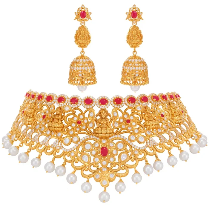 Artistic Laxmi Choker Set With Gemstones in 22K Gold