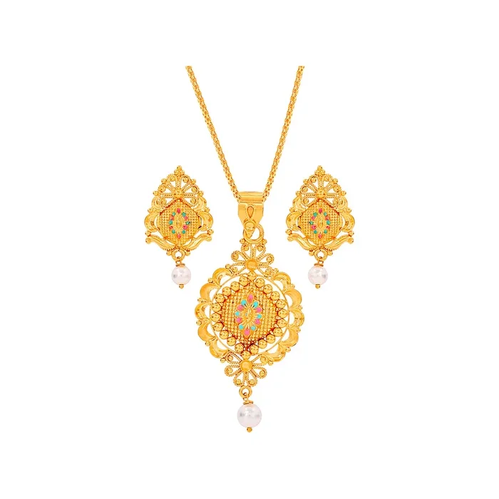 Artistic Minakari Pendant Set With Pearl in 22K Gold