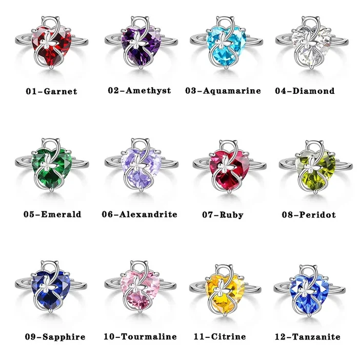 Bague en argent sterling 925 avec cœur et pierre de naissance pour femme, bijou solitaire, idéal comme cadeau d’anniversaire pour les amoureux des chats.