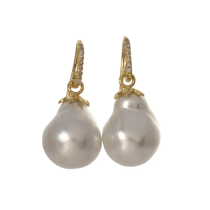 Baroque South Sea Pearl & Diamond 18K Gold Drop Earrings