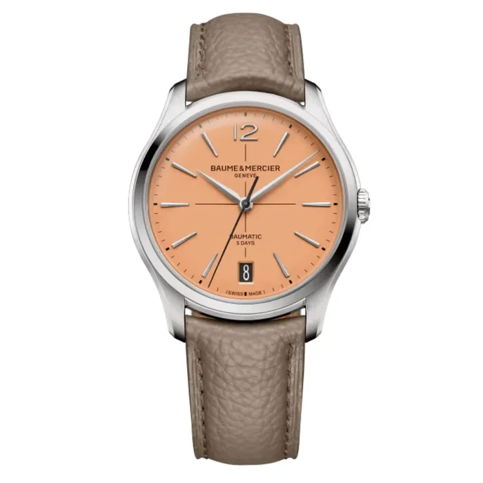 Baume et Mercier Clifton automatic watch, salmon dial, beige and black leather straps, 39 mm 10778 – Lepage