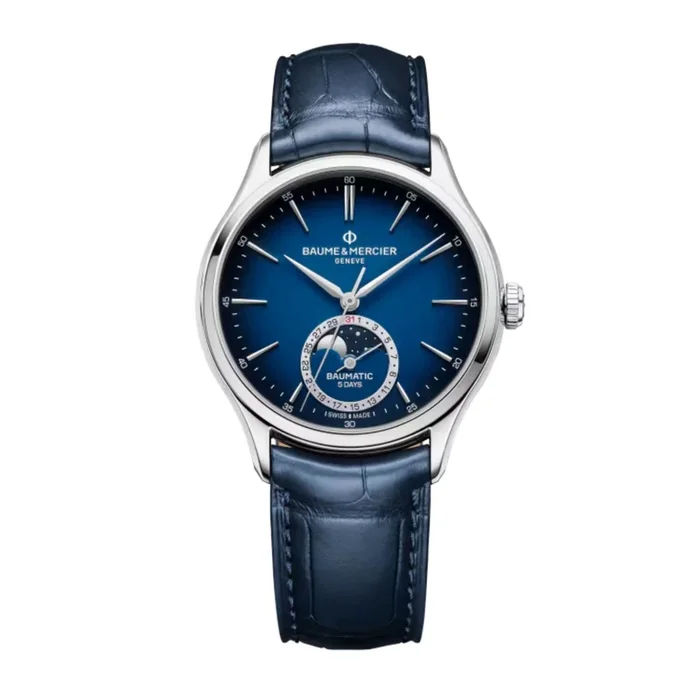 Baume et Mercier Clifton Baumatic Moonphase automatique watch blue dial blue leather strap 39 mm 10756 – Lepage