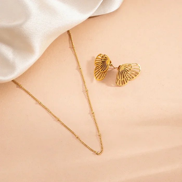 Beaded Chain Necklace & Butterfly Wing Stud Earrings Combo Set