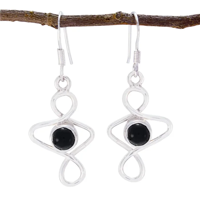 Black Onyx American Ellie Solitaire Dangle Black Silver Earring