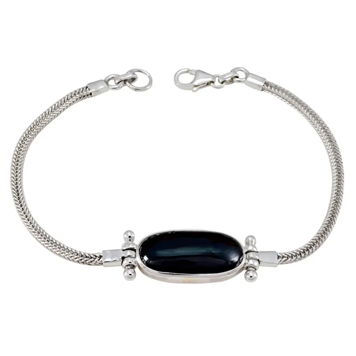 Black Onyx Cherry Blossom Dainty Black 925 Silver Chain Bracelet
