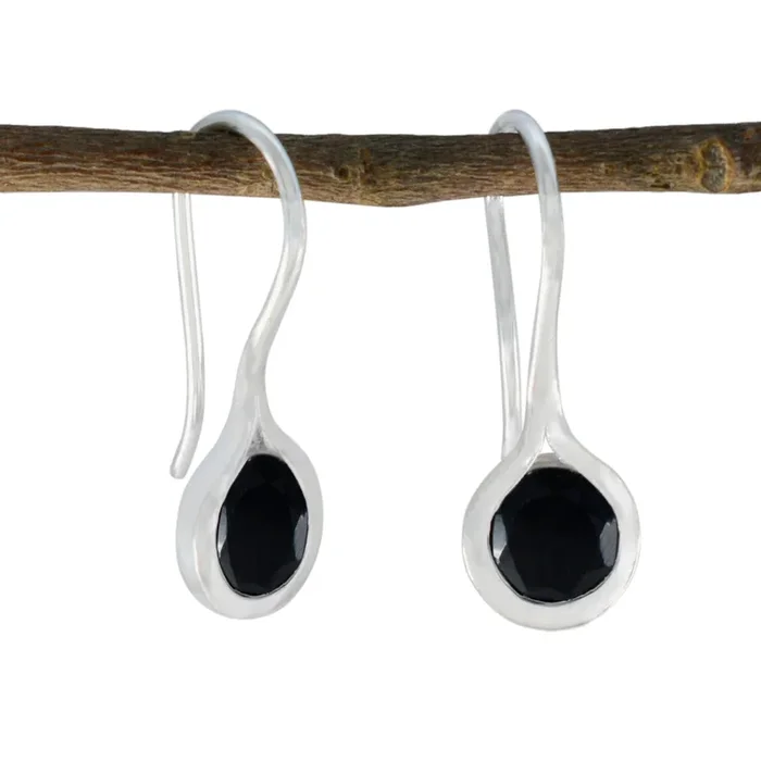 Black Onyx French Hannah Solitaire Dangle Black Silver Earring