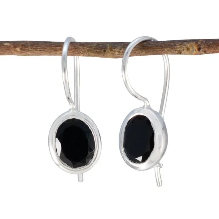 Black Onyx Middle Eastern Mei Solitaire Dangle Black Silver Earring