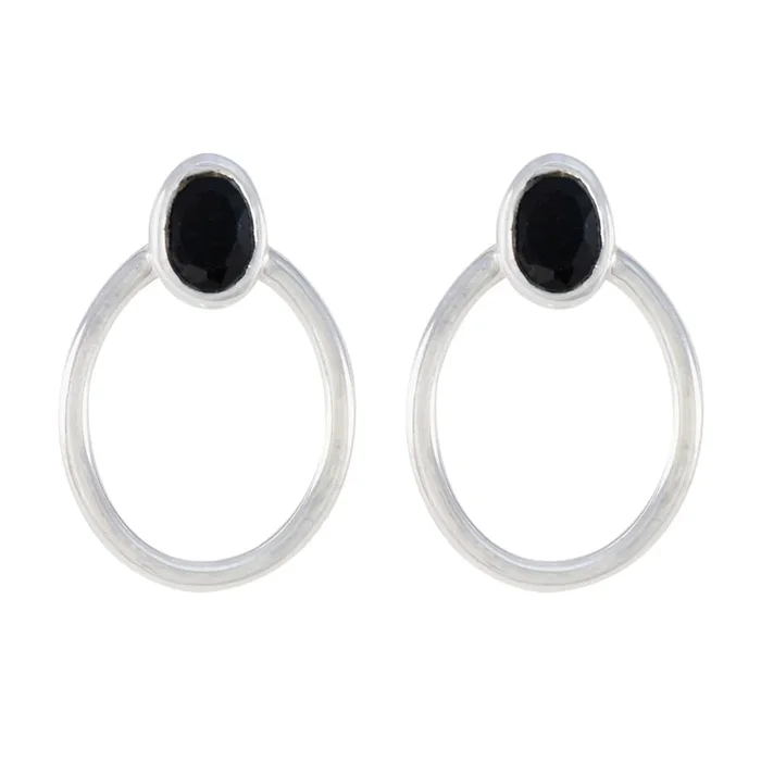 Black Onyx Middle Eastern Nora Solitaire Stud Black Silver Earring