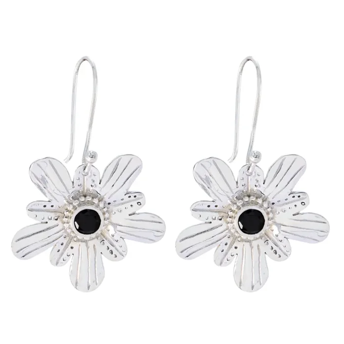 Black Onyx Russian Lily Solitaire Dangle Black Sterling Silver Earring