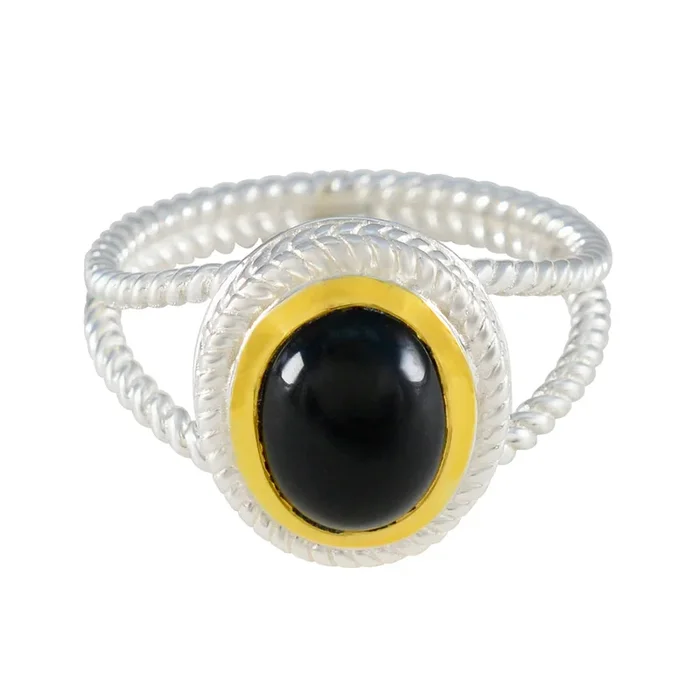 Black Onyx Solitaire Italian 925 Sterling Silver Black Gemstones Classic Rope-Wire Ring Jewellery