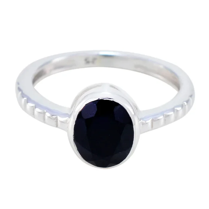 Black Onyx Solitaire Korean 925 Sterling Silver Black Gems Dainty Abstract Ring Jewellery