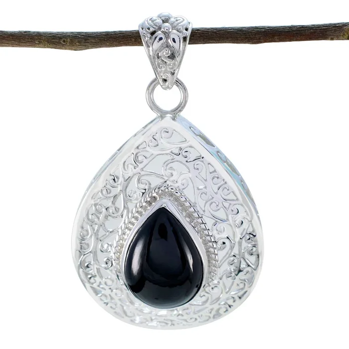Black Onyx Statement French Sterling Silver Solitaire Bianca Art-Deco Black Pendant Jewellery
