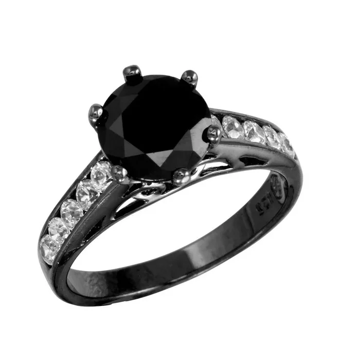 Black Rhodium Plated 925 Sterling Silver CZ Shank Black CZ Center Stone Ring – STR00758BLK