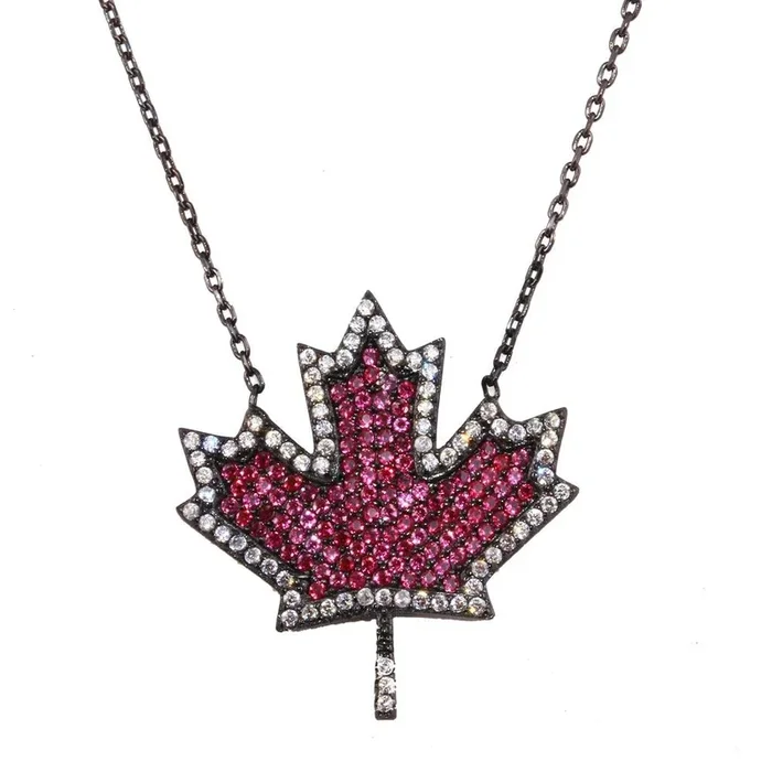Black Rhodium Plated 925 Sterling Silver Maple Leaf Pendant Necklace with CZ – BGP01278BS