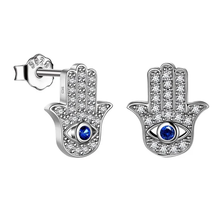 Blaue Evil Eye Ohrringe Ohrstecker Damen Mädchen Schutzschmuck Hamsa Hand der Fatima 925 Sterling Silber