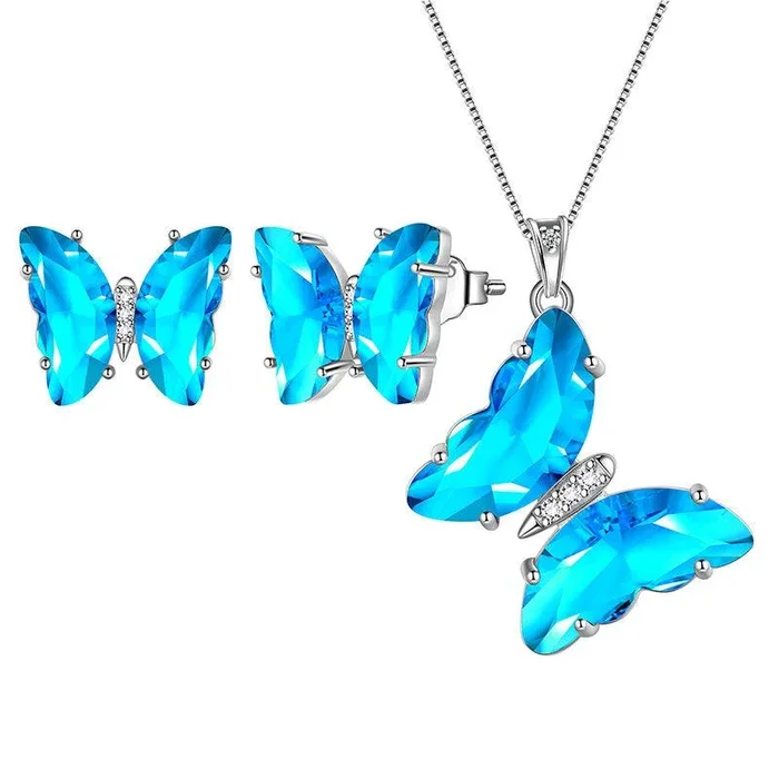 Blaues Schmetterlings-Schmuckset, 3-teilig, Aquamarin-Geburtsstein für März, Frauen und Mädchen, Geburtstagsgeschenke