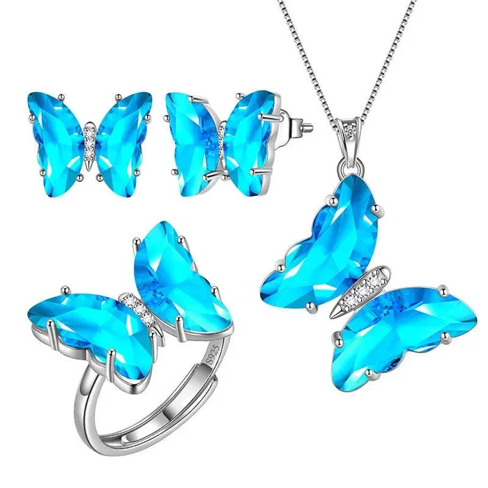 Blaues Schmetterlings-Schmuckset, 4-teilig, Aquamarin-Geburtsstein für März, Damen- und Mädchen-Geburtstagsgeschenke