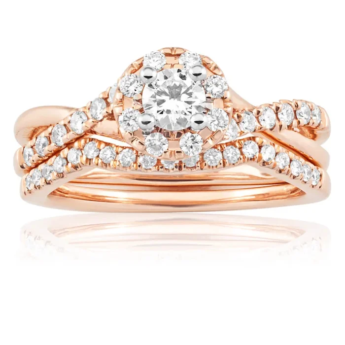 Blissful Bride 14ct Rose Gold 0.65 Carat Diamond Swirl Split Shank Bridal Set