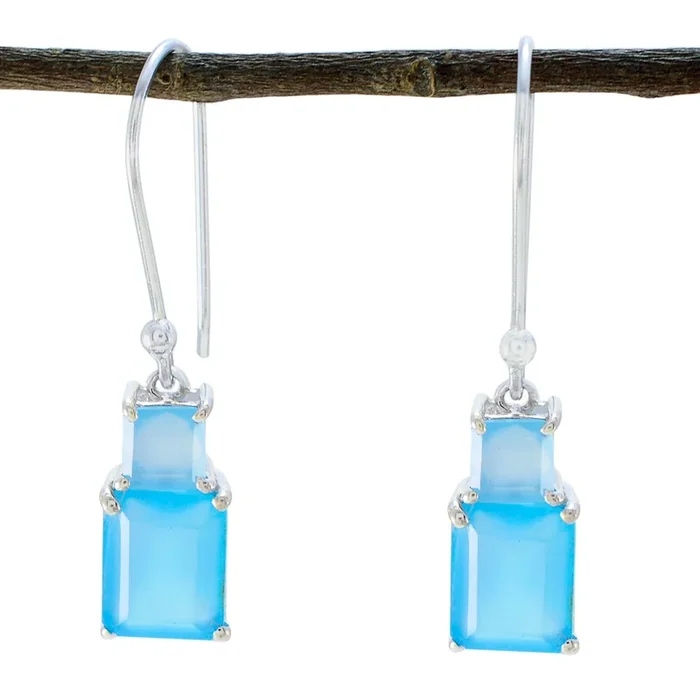 Blue Chalcedony Egyptian Rosa Toi et Moi Dangle Blue Sterling Silver Earring