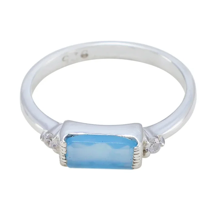 Blue Chalcedony Halo Turkish Sterling Silver Blue Gemstone Delicate Feminine Ring Jewelry