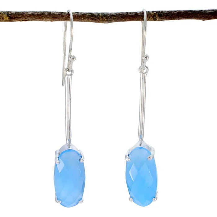 Blue Chalcedony Mexican Isadora Solitaire Dangle Blue 925 Sterling Silver Earring