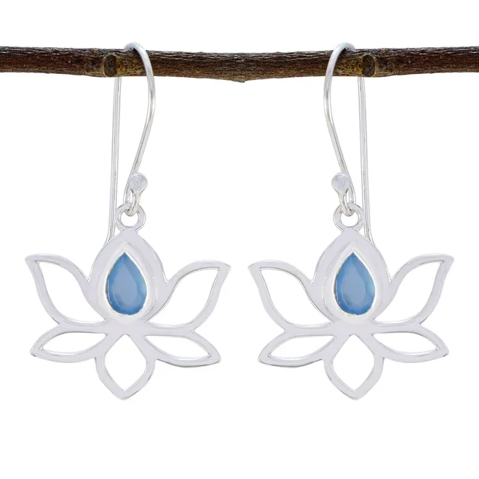 Blue Chalcedony Russian Lourdes Solitaire Dangle Blue 925 Silver Earring