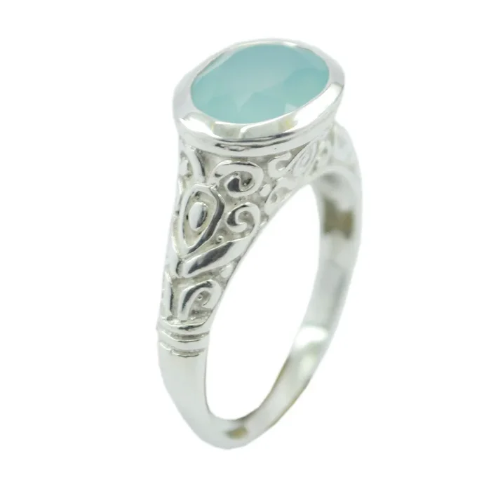 Blue Chalcedony Solitaire German 92.5 Silver Blue Gems Minimal Art Deco Ring Jewelry
