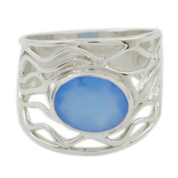 Blue Chalcedony Solitaire Italian 925 Sterling Silver Blue Gemstone Classic Rope-Wire Ring Jewelry