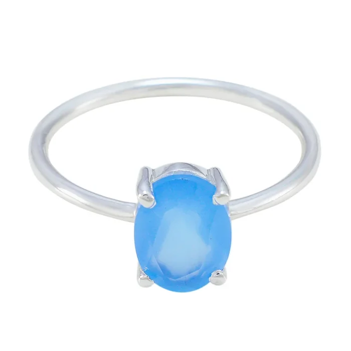 Blue Chalcedony Solitaire Korean 92.5 Silver Blue Gemstones Elegant Feminine Ring Jewelry