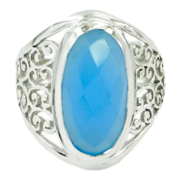 Blue Chalcedony Solitaire Latin American Sterling Silver Blue Gemstones Mid-weight Filigree Ring Jewelry