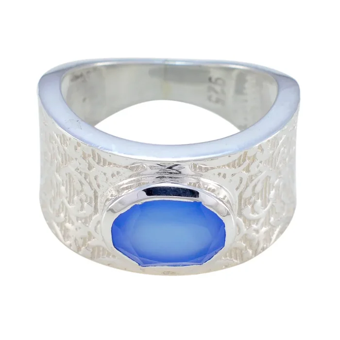 Blue Chalcedony Solitaire Russian 92.5 Silver Blue Gemstone Essential Art Deco Ring Jewelry