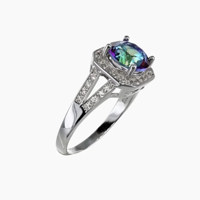 Blue Mystic Quartz Ring in Sterling Silver with White Topaz Halo