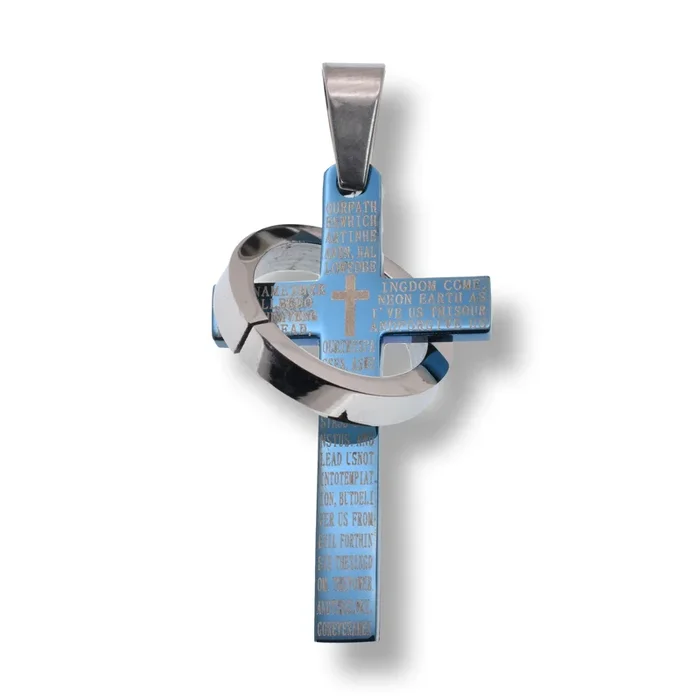 Blue Plated Stainless Steel Cross Prayer Ring Accent 21.2mm x 37.2mm Pendant – SSP00266