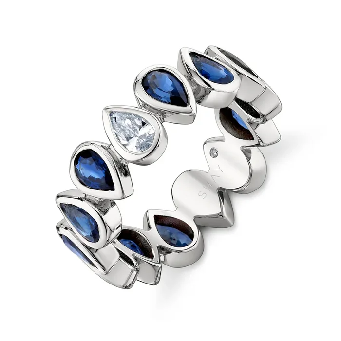 BLUE SAPPHIRE & DIAMOND PEAR BEZEL BAND