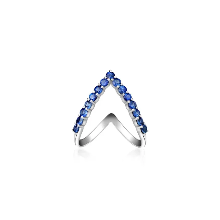 Blue Sapphire V Ring in 18K White Gold