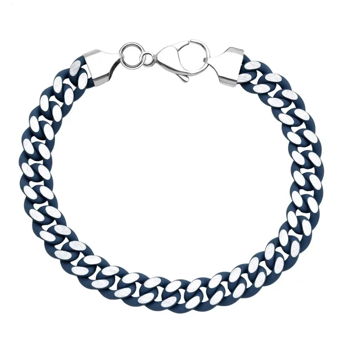 Blue Stainless Steel 8.25-inch 9.5MM Curb Enamel Rubber Coating Bracelet