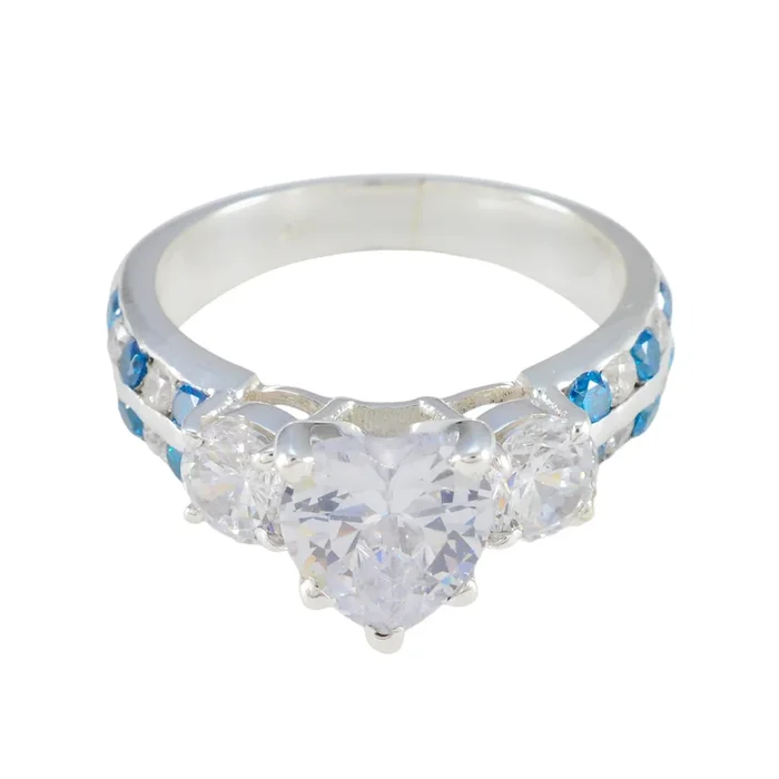 Blue Topaz CZ Halo Indian Silver Blue Gems Mid-weight Sophisticated Ring Jewelry
