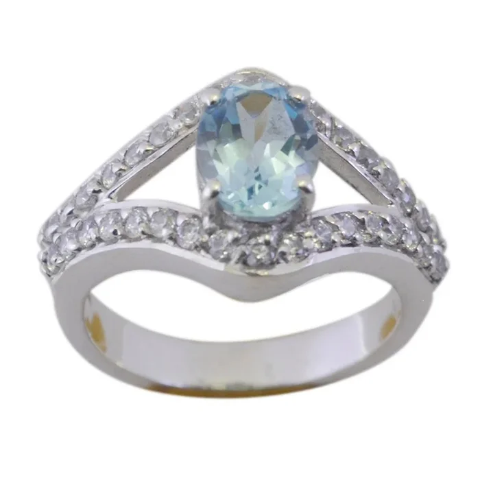 Blue Topaz Halo French Sterling Silver Blue Gemstone Tiny Sophisticated Ring Jewelry